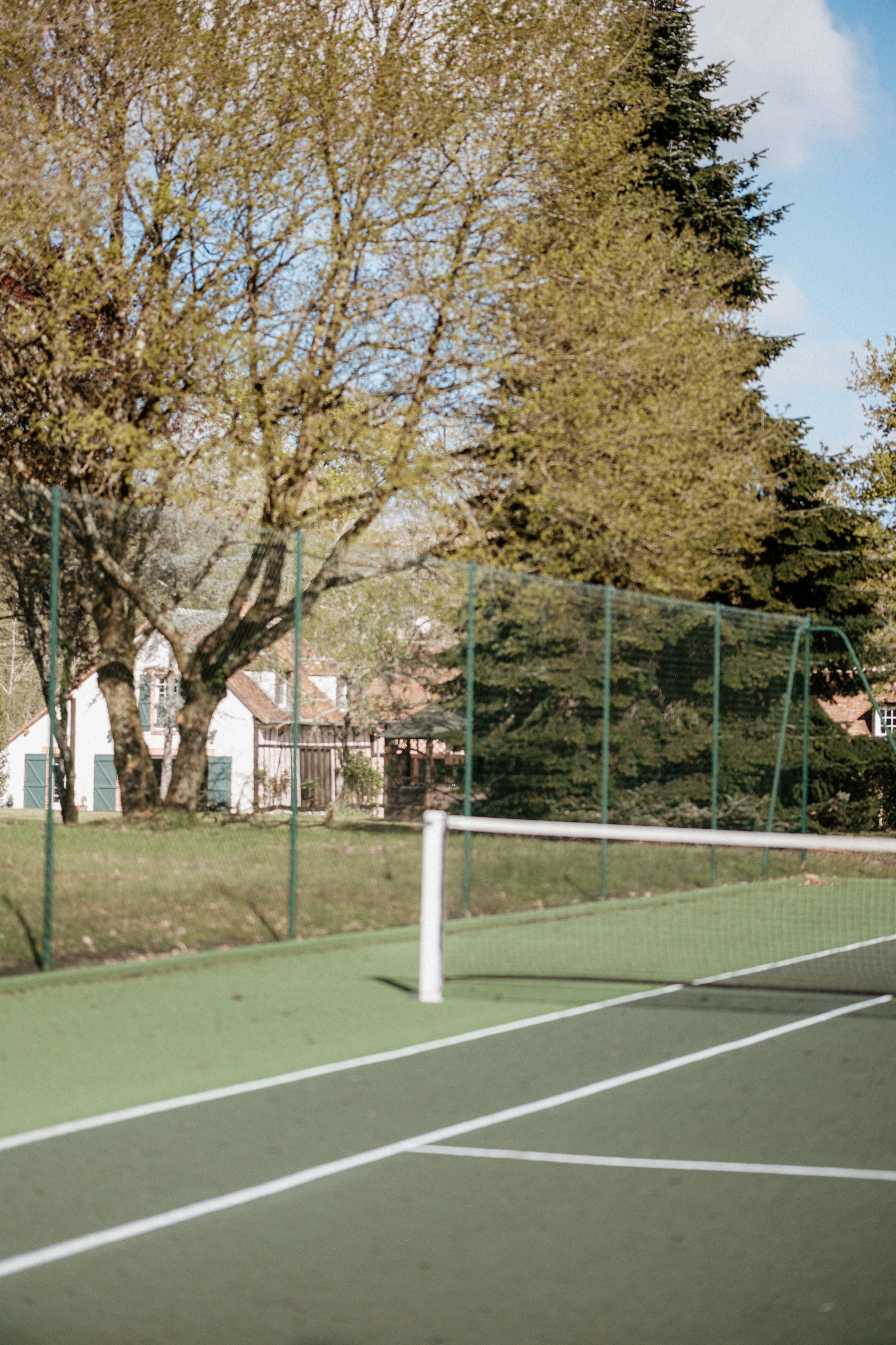 Eye-level view from a green tennis court baseline toward mature trees and a country house